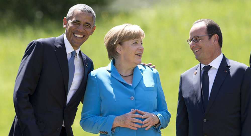 US president Barack Obama, German Chancellor Merkel, and French president Hollande. Image from archive.