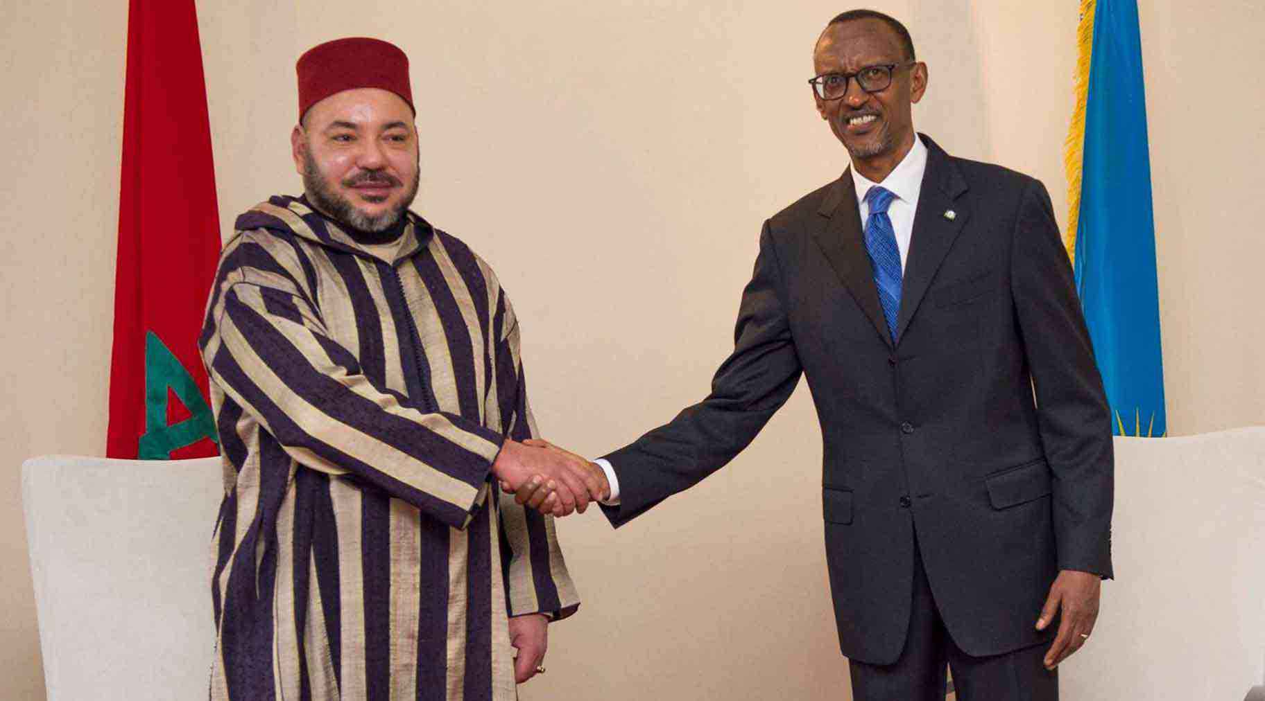 King Mohammed VI of Morocco greeting Paul Kagamé, president of Rwanda. 