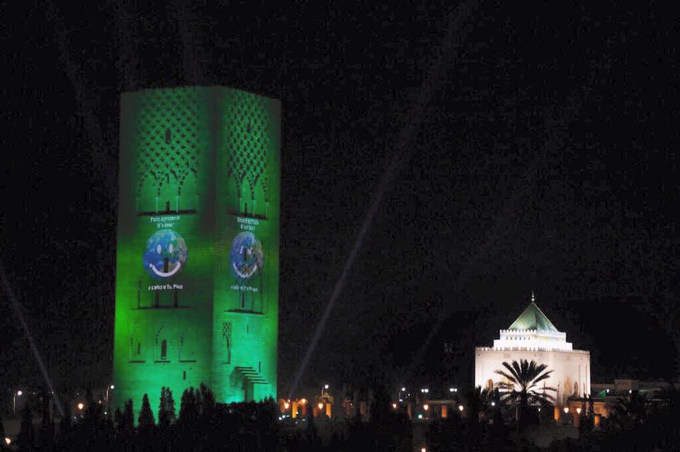 Morocco's Hassan tower turns green to celebrate the kick off of the COP22 even.