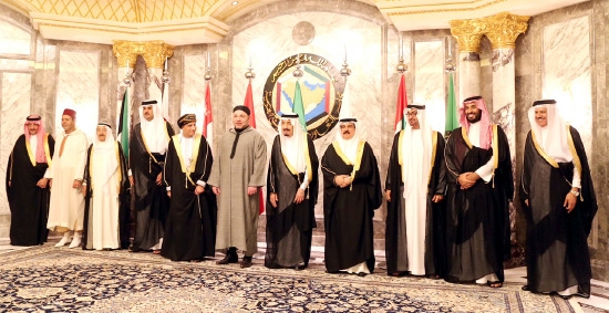 King Mohammed VI of Morocco along Gulf Cooperation Council heads of states. Image from archive.