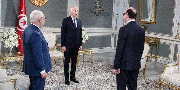 Tunisian president Kais Said greeting Prime Minister Elyes Fakhfakh and Speaker of the Assembly of the Representatives of the People Rached al-Ghannouchi.